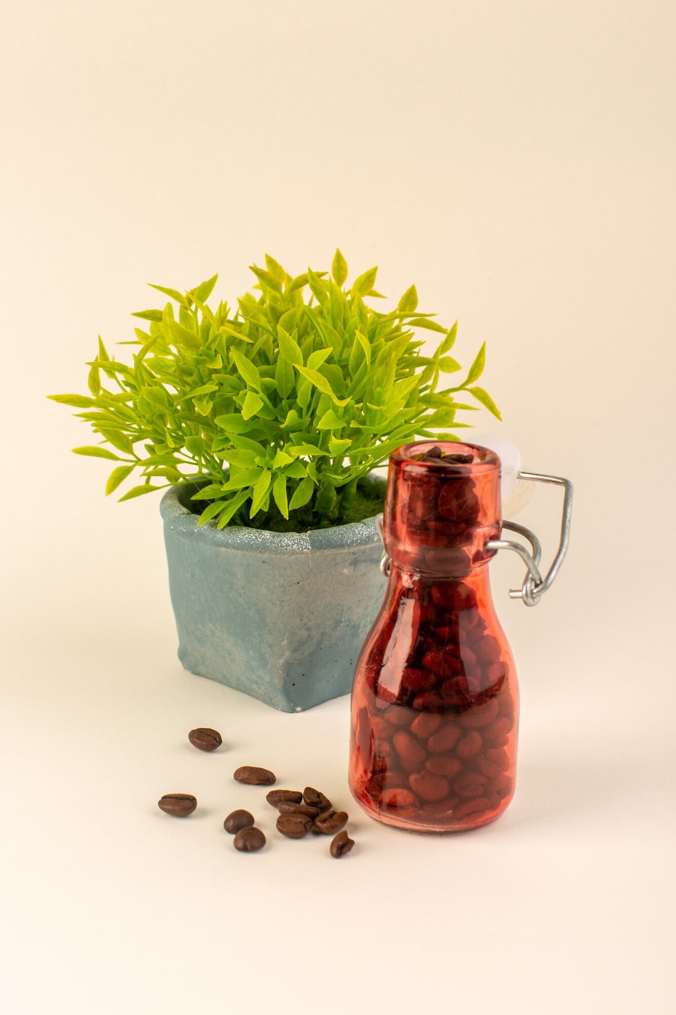 front-view-jar-with-coffee-green-plant-pink-table-coffee-color-flower-seed_140725-26184